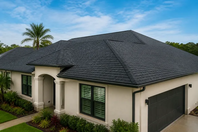 Representative new charcoal architectural shingle roof on a Florida home