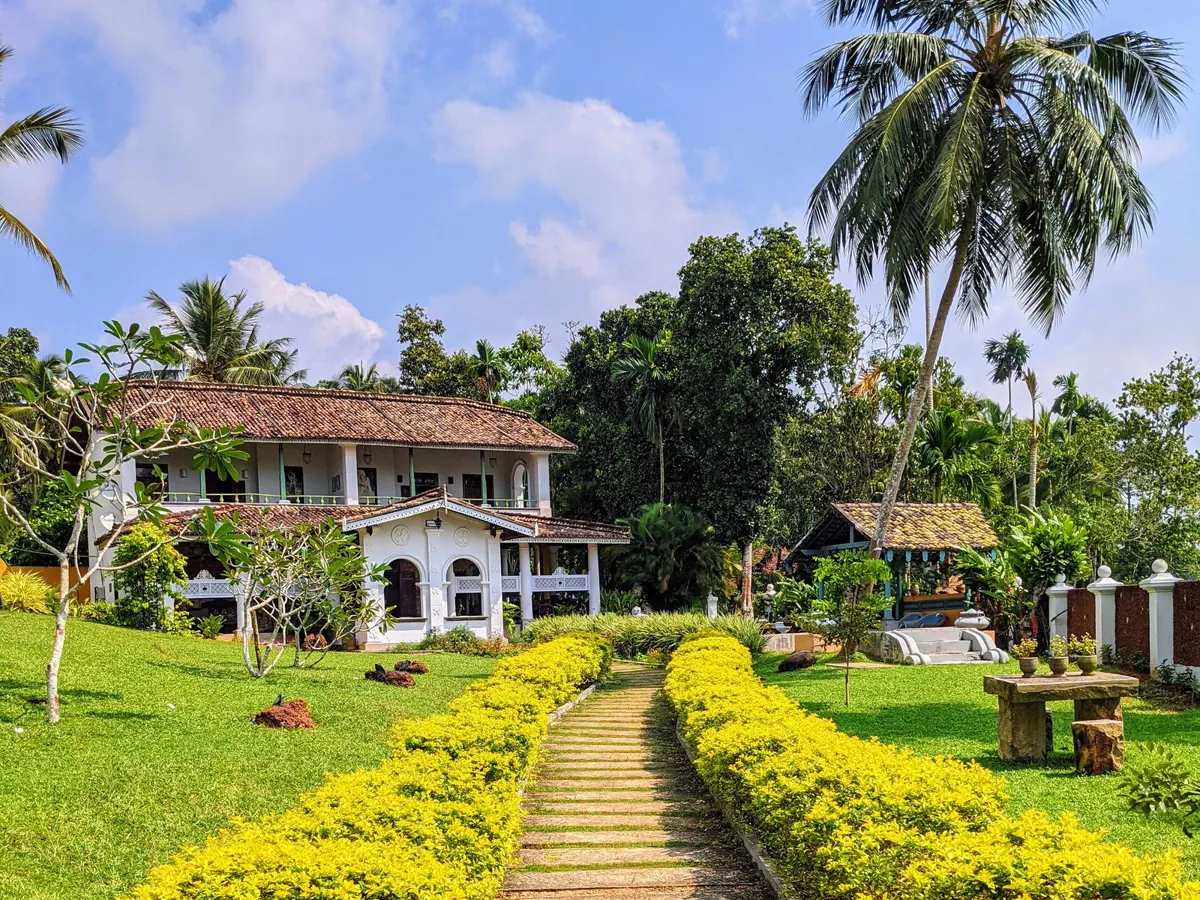 Concrete walkway through tropical landscaping